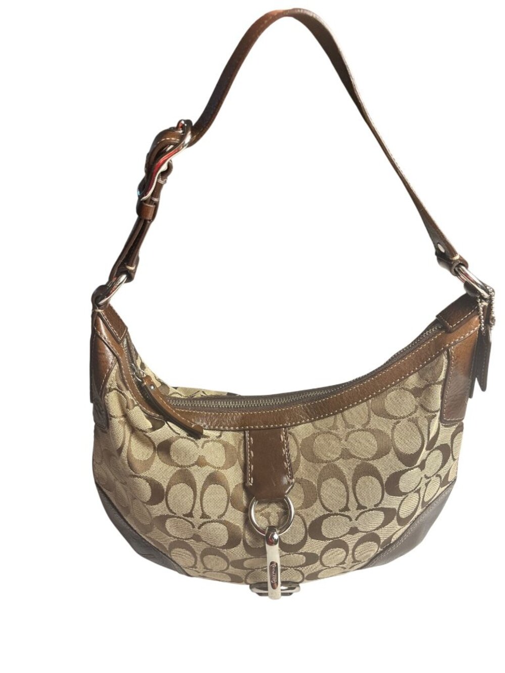 Coach Brown Signature Jacquard Canvas Leather Trim Shoulder Bag  Silver Hardware